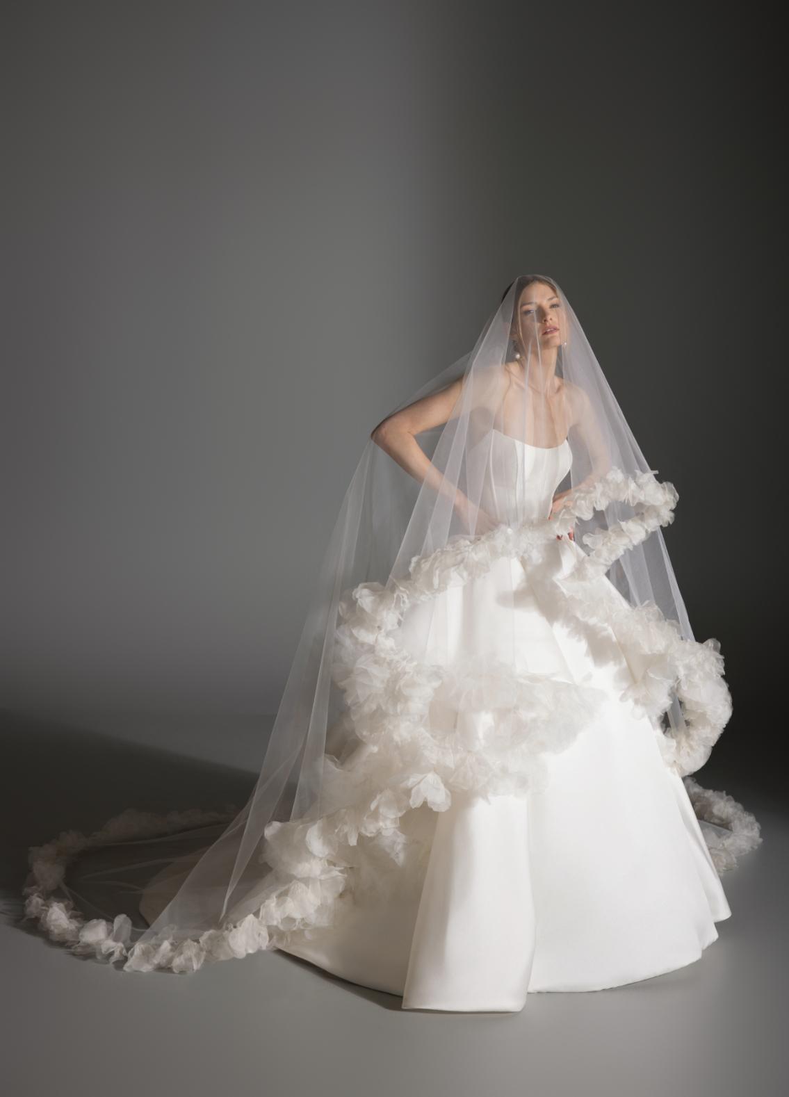 APRIL bridal veil front view with delicate petal-embroidered edge detail