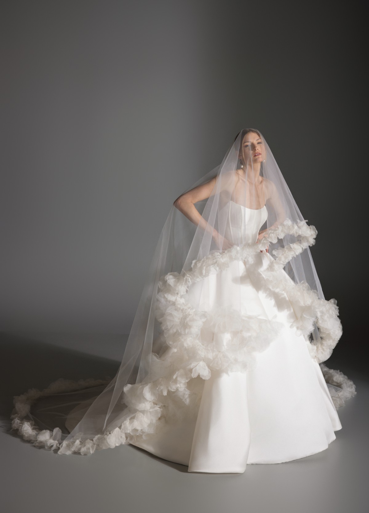 APRIL bridal veil front view with delicate petal-embroidered edge detail