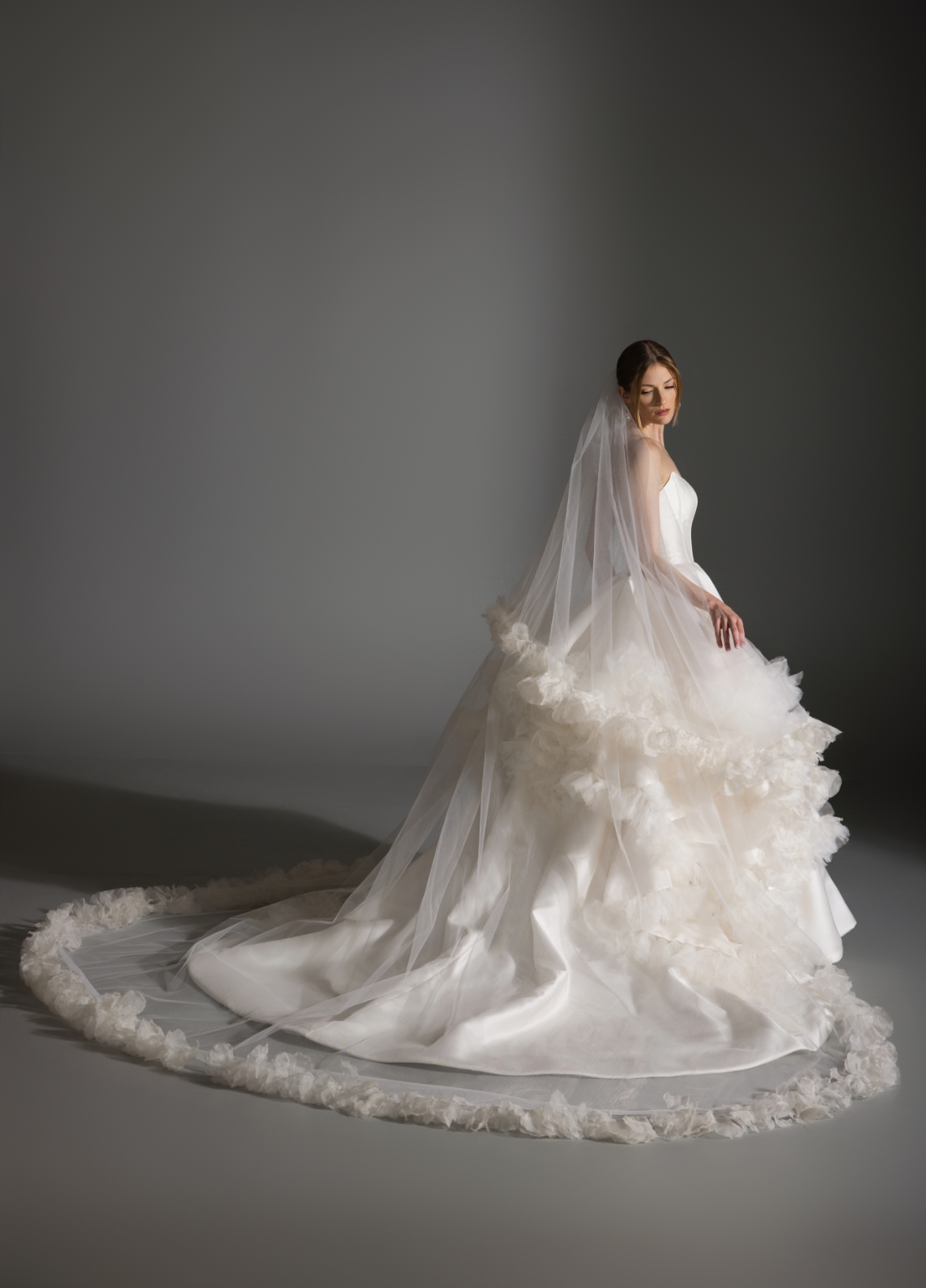 APRIL bridal veil side profile showcasing elegant drape and floral accents