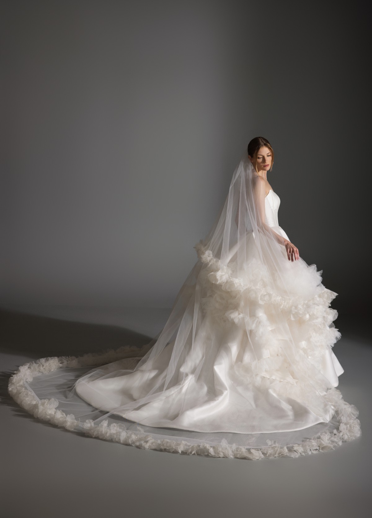 APRIL bridal veil side profile showcasing elegant drape and floral accents