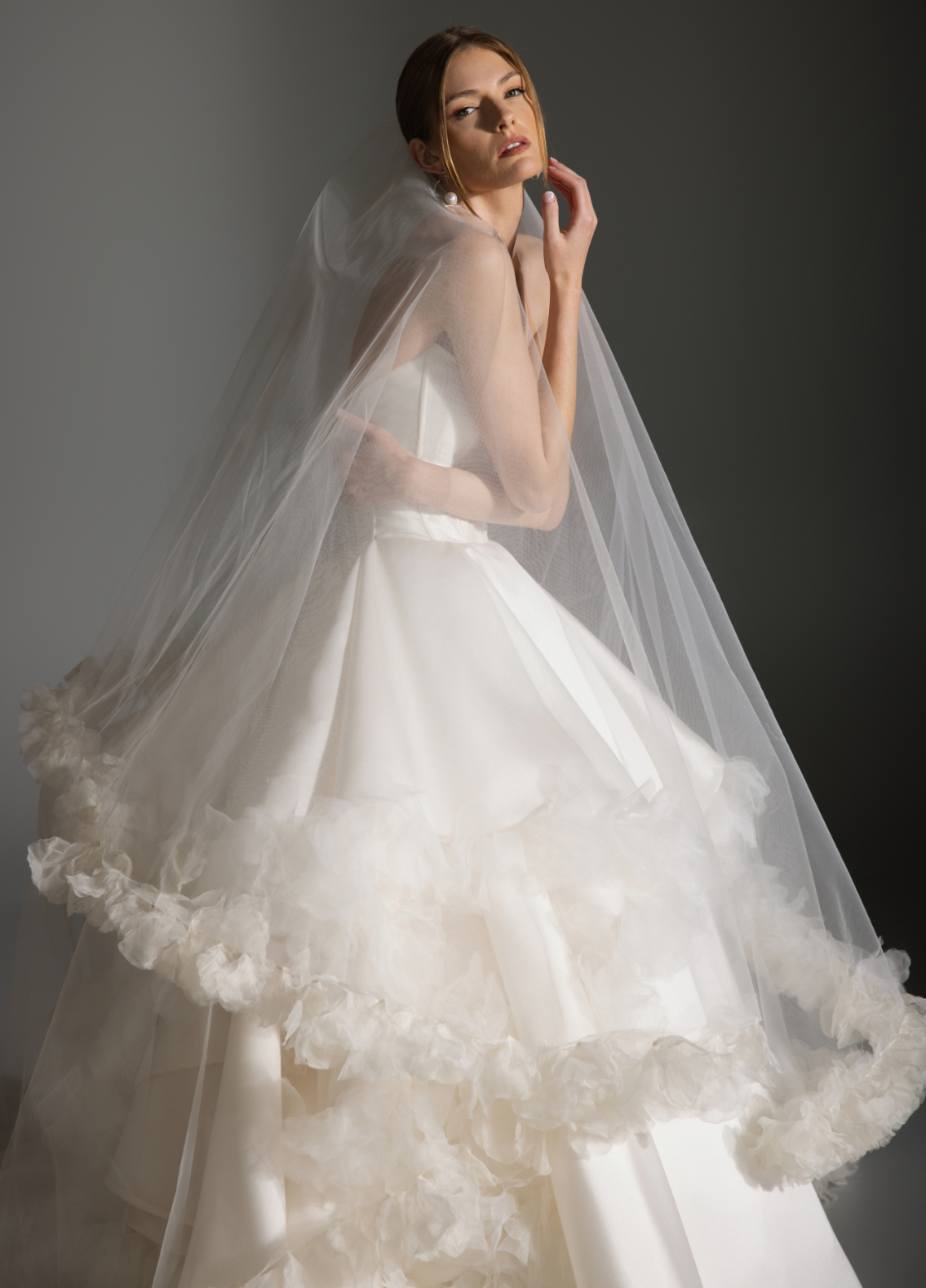 APRIL bridal veil back view highlighting cathedral length and petal trim