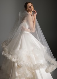 APRIL bridal veil back view highlighting cathedral length and petal trim