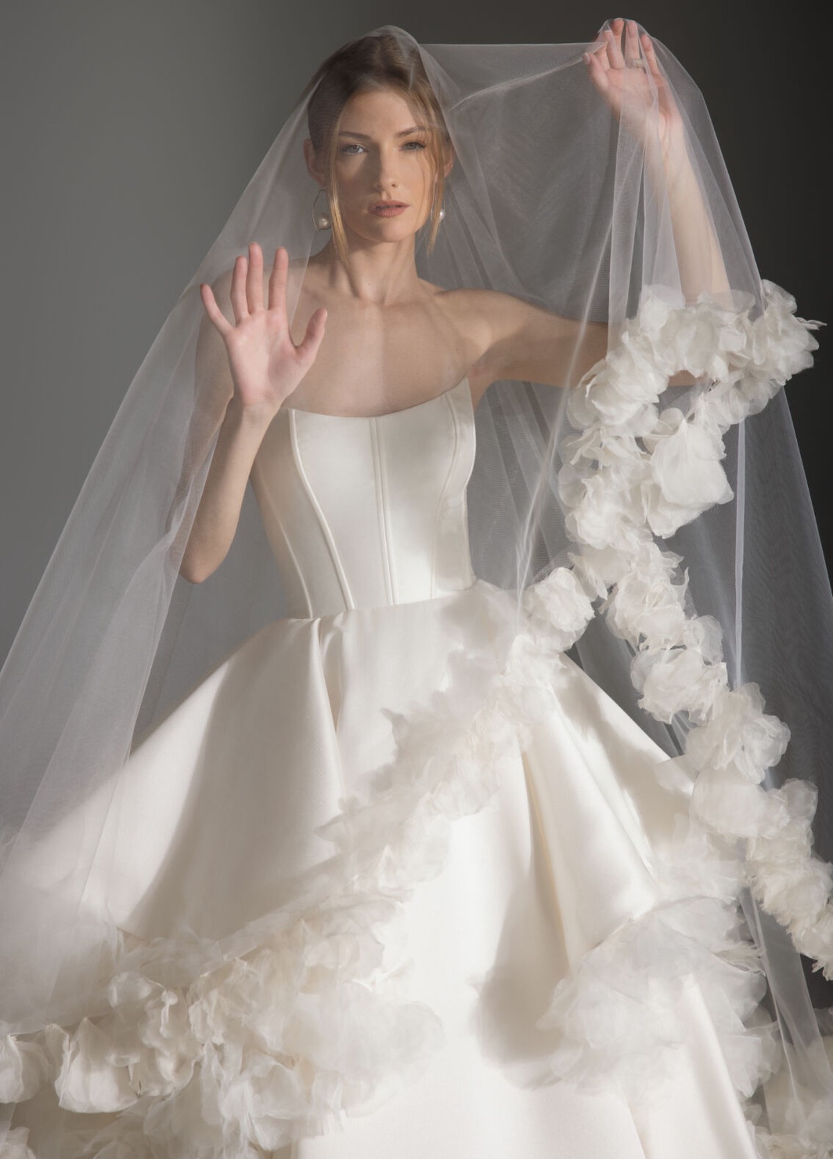 APRIL bridal veil back view highlighting cathedral length and petal trim