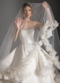 APRIL bridal veil back view highlighting cathedral length and petal trim