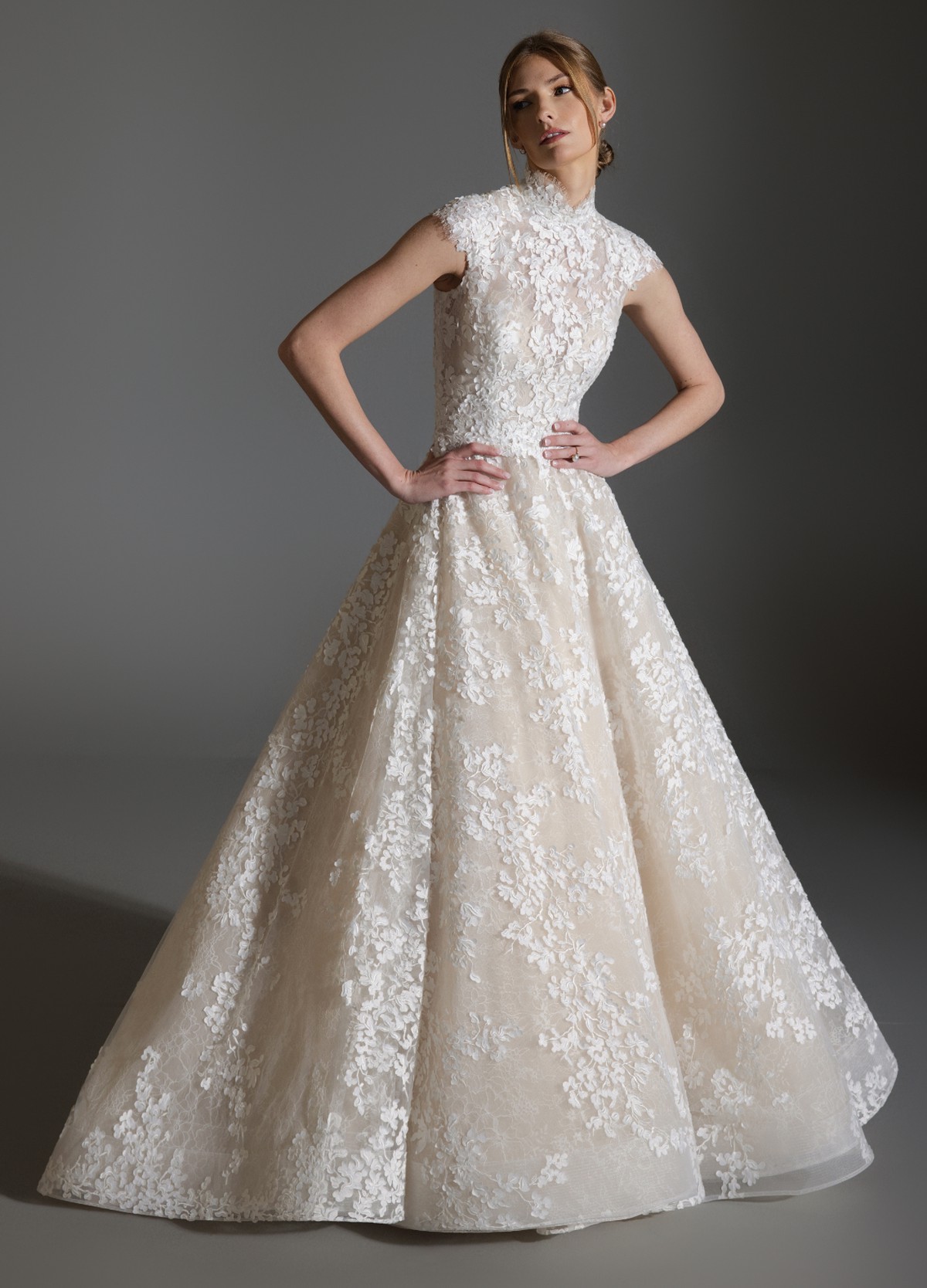 ASHLEY ivory ball gown in petal-embroidered tulle layered over Chantilly lace