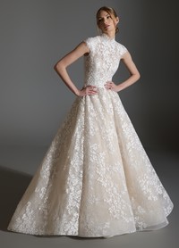 ASHLEY ivory ball gown in petal-embroidered tulle layered over Chantilly lace