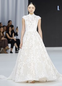 ASHLEY bridal veil front view with delicate petal-embroidered edge detail