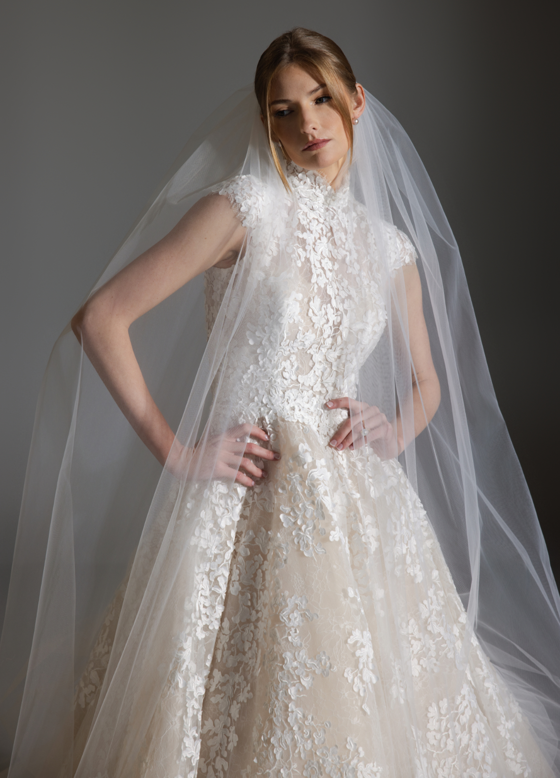 ASHLEY bridal veil front view with delicate petal-embroidered edge detail