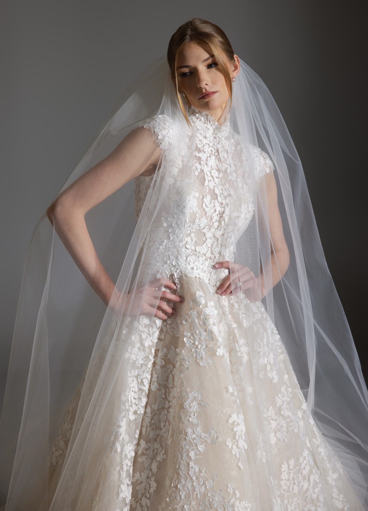 ASHLEY bridal veil front view with delicate petal-embroidered edge detail