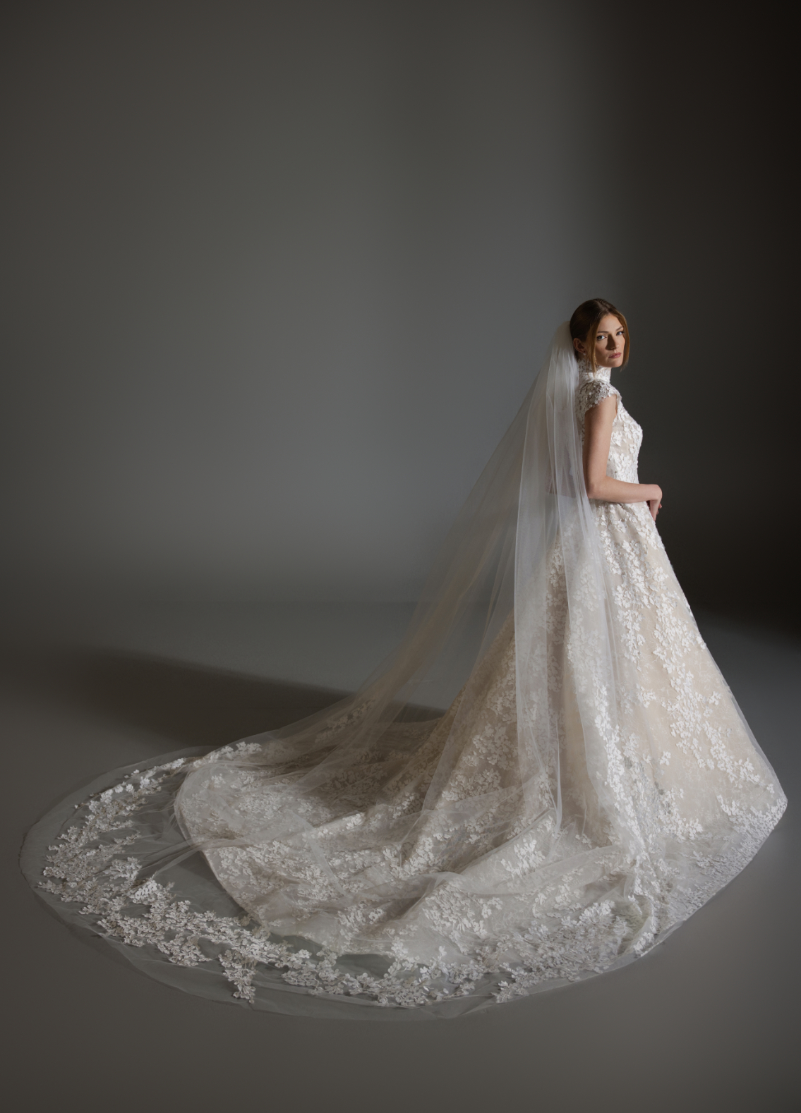 ASHLEY bridal veil side profile showcasing Chantilly lace trim and elegant drape