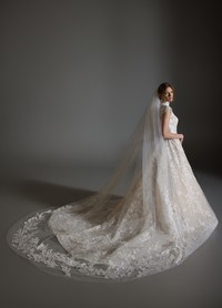 ASHLEY bridal veil side profile showcasing Chantilly lace trim and elegant drape