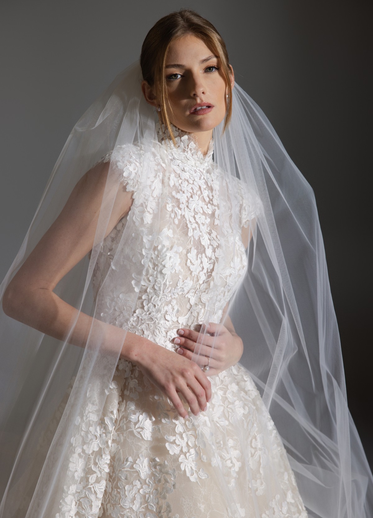 ASHLEY bridal veil back view highlighting cathedral length and romantic tulle