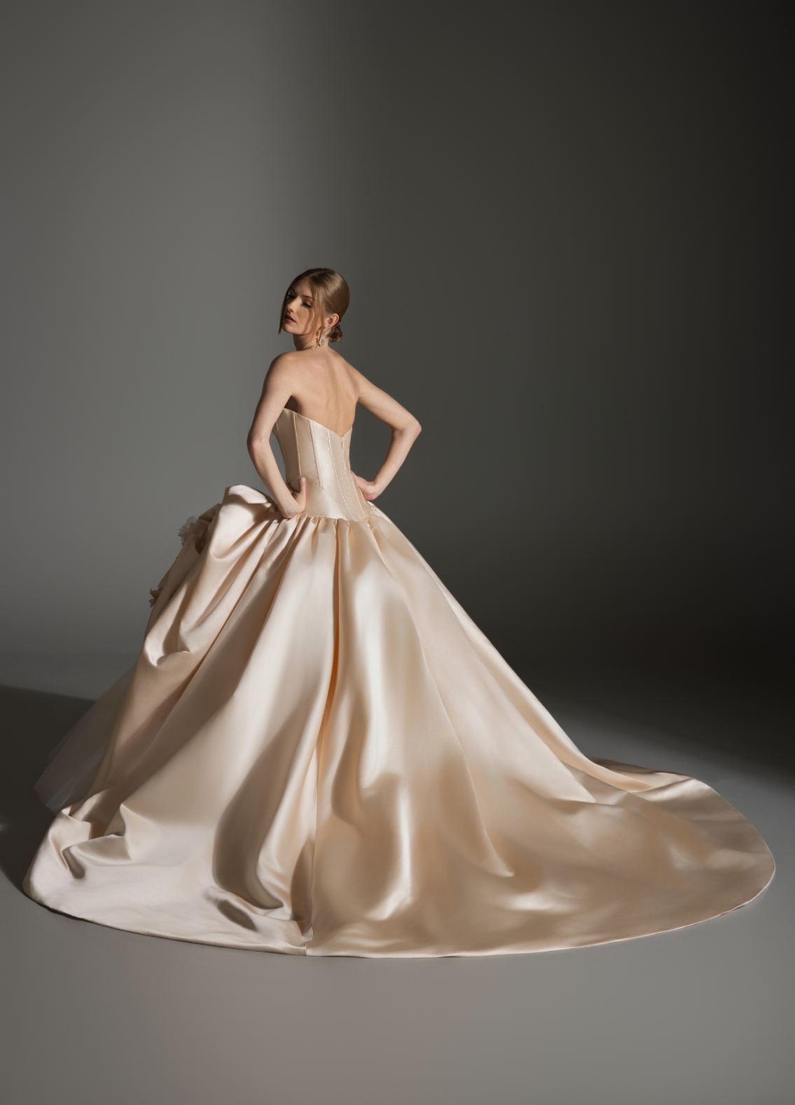 ASTOR bridal dress back view showcasing voluminous layered skirt and chapel train