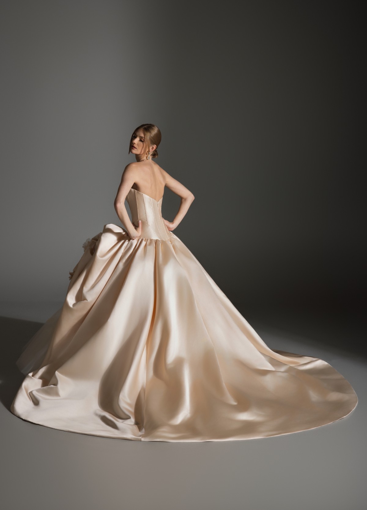 ASTOR bridal dress back view showcasing voluminous layered skirt and chapel train