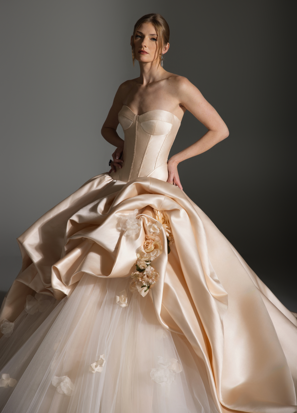 ASTOR dress close-up of satin-backed faille and delicate tulle combination