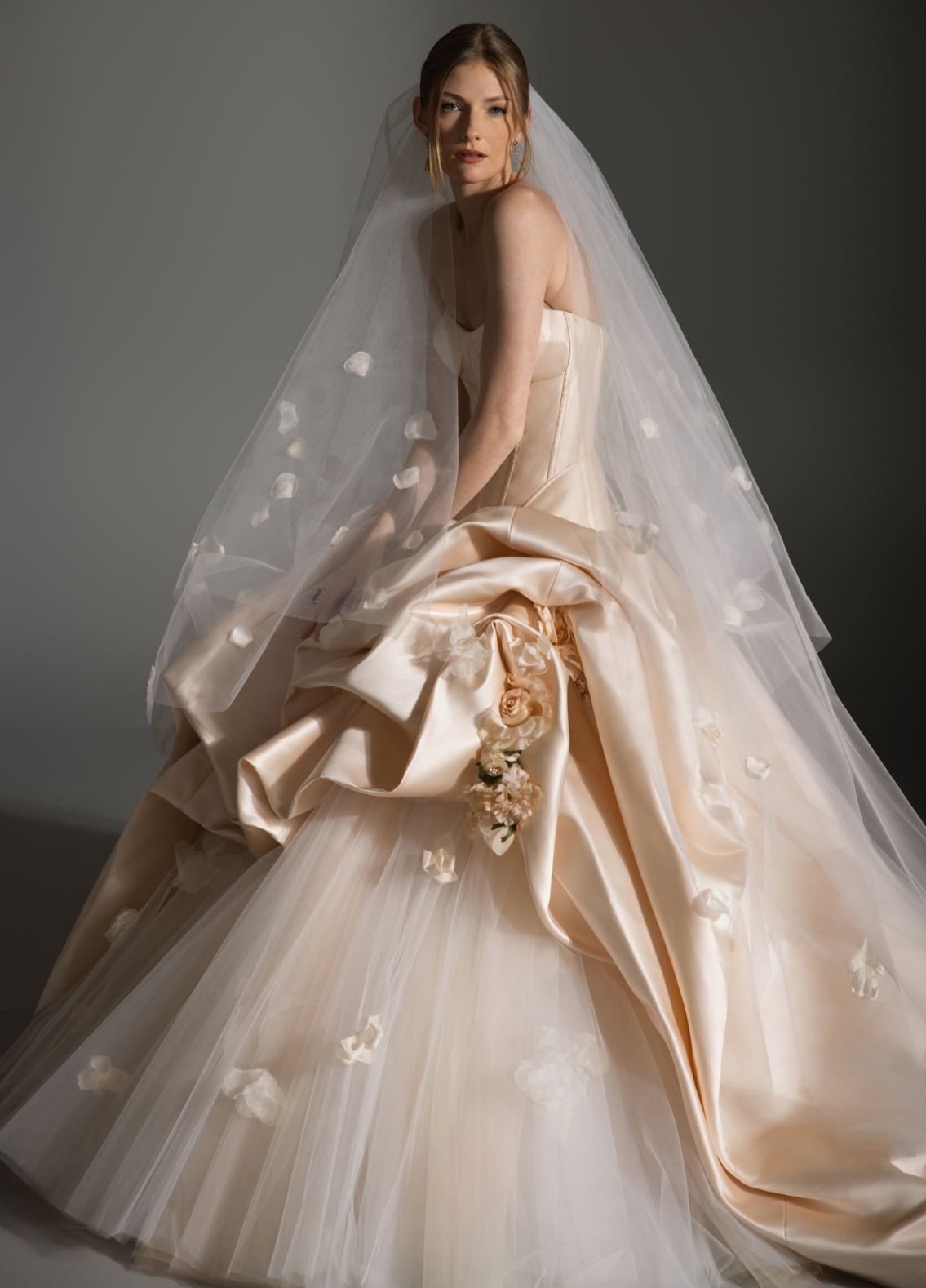 ASTOR bridal veil back view highlighting cathedral length and floral trim