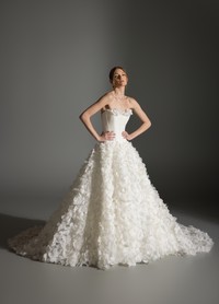 AZALEA ivory ball gown in floral organza with silk faille corset and petal details