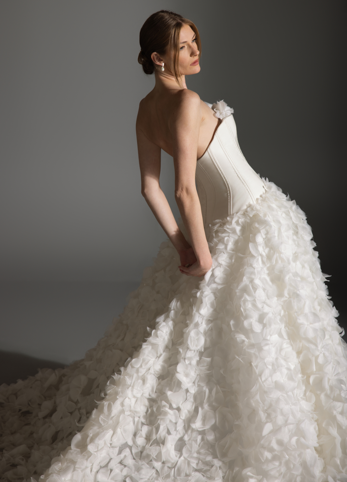 AZALEA gown close-up of curved neckline with silk faille corset construction