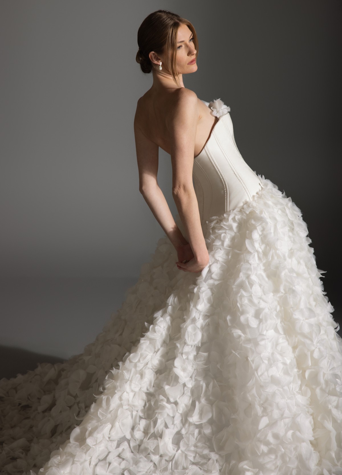 AZALEA gown close-up of curved neckline with silk faille corset construction